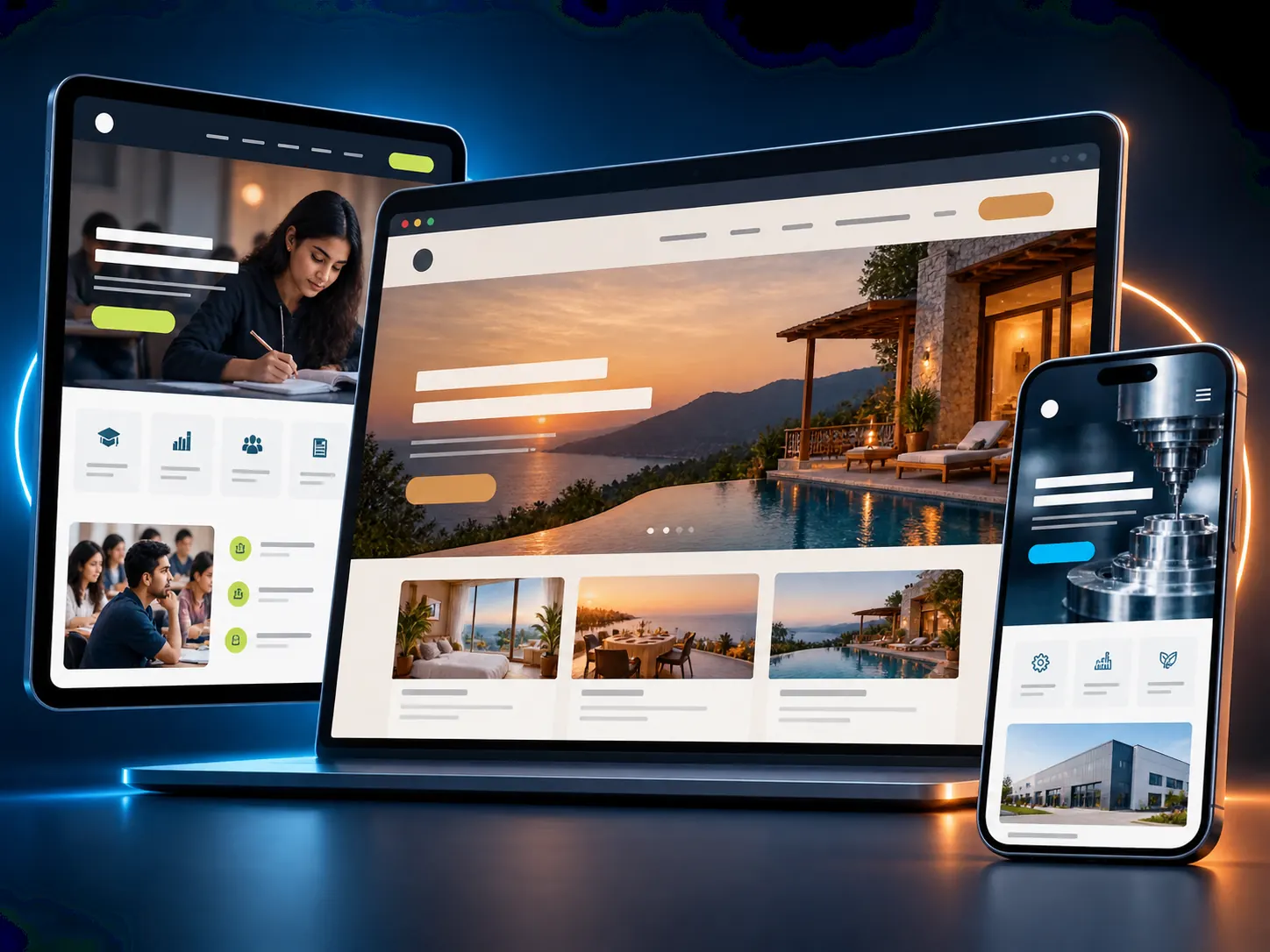 Illustrative website designs shown on desktop, tablet and phone
